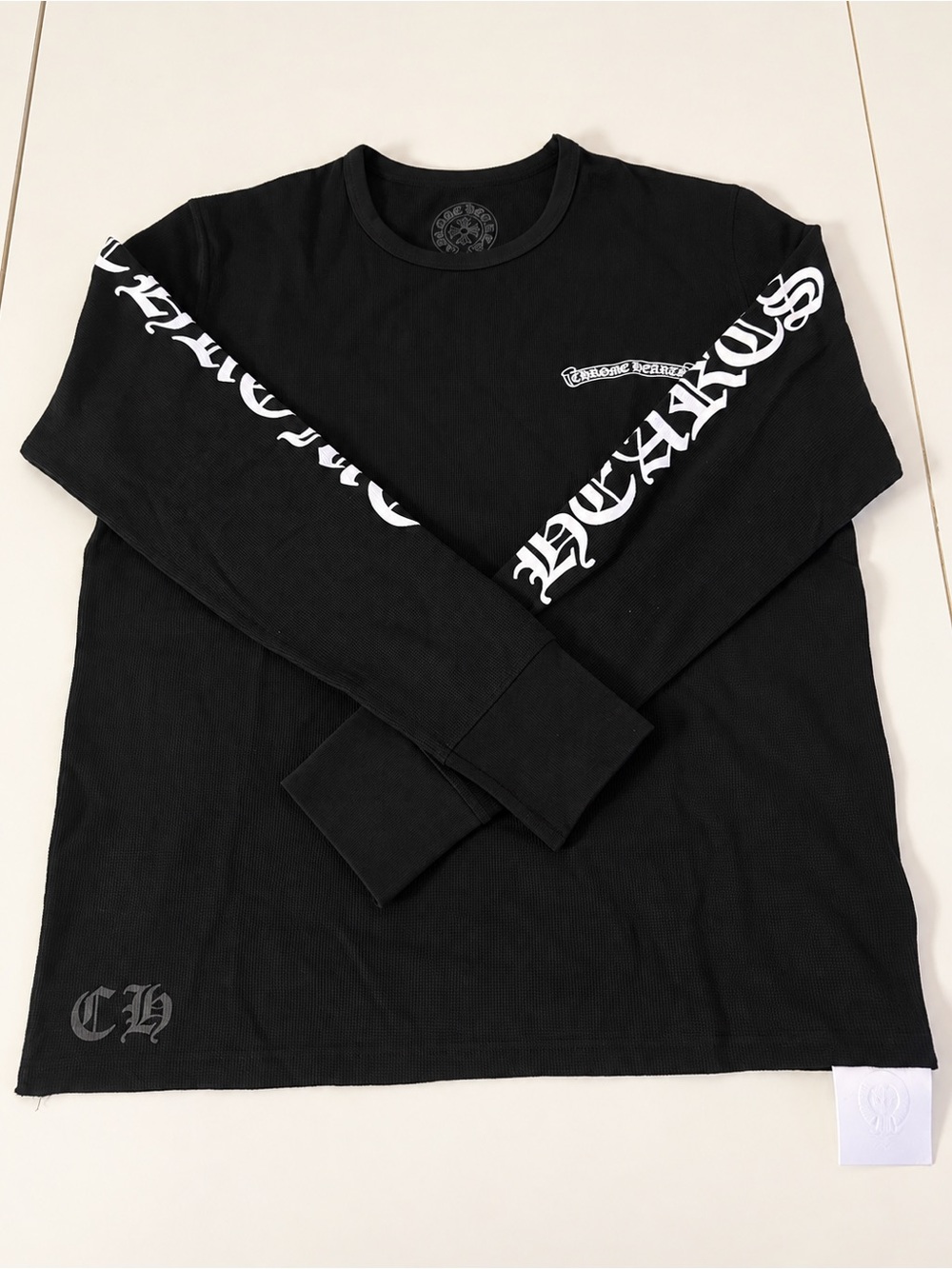 Chrome Hearts Black Long-Sleeve Graphic Tee with White Sleeve Script